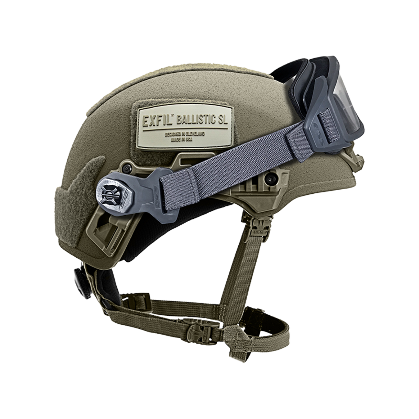 ESS Pivot Rail Mount installed on a Team Wendy EXFIL helmet with ESS Pivot goggles attached.