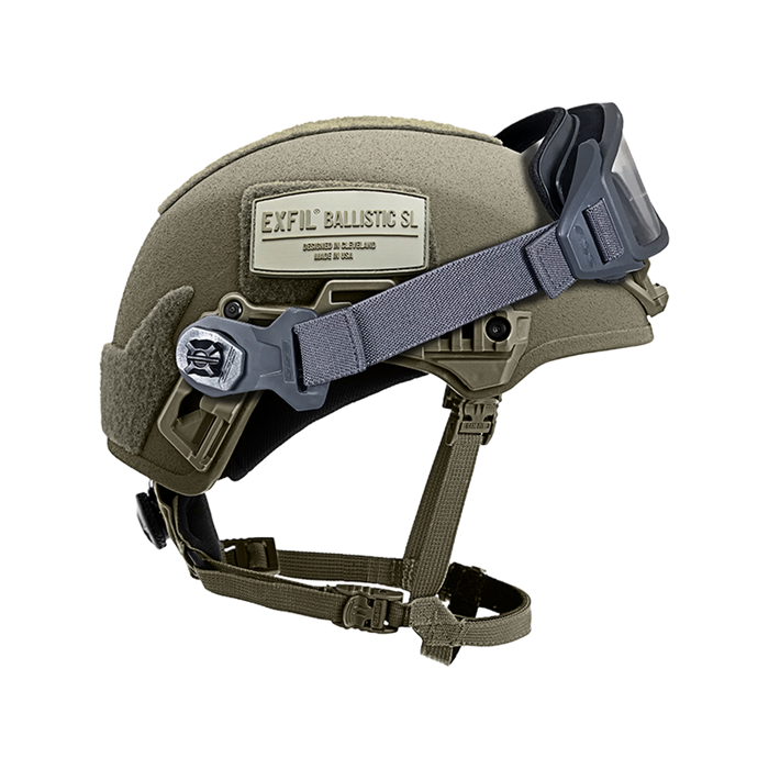 ESS Pivot Rail Mount installed on a Team Wendy EXFIL helmet with ESS Pivot goggles attached.