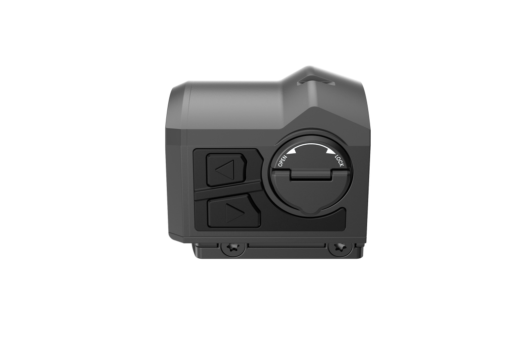 An angled view of the FML19 thermal sight showcasing the rugged aluminum body, with the side control buttons clearly visible in the foreground for rapid tactical adjustments during field use.