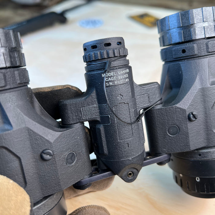 A focused close-up captures the central bridge of the uanvb katanas, highlighting the patented toolless friction lock interpupillary adjustment stops and the ruggedized mounting interface.