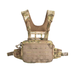 A front-facing view of an multicam tactical chest pack laying flat, featuring a breathable mesh harness and a front zippered pocket with laser-cut mounting points.