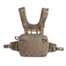 A front-facing view of an olive green tactical chest pack laying flat, featuring a breathable mesh harness and a front zippered pocket with laser-cut mounting points.