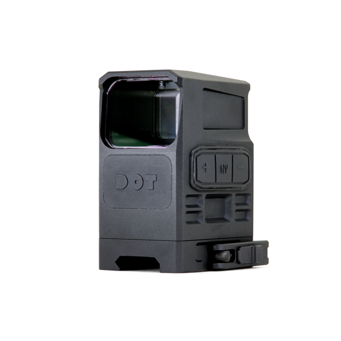 A front-left angle view of the black DOT EHS-1, showcasing the front objective lens and rugged housing of this true laser holography weapon sight.