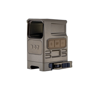 A front-left angle view of the dot ehs-1 holographic sight, showcasing its flat dark earth tan finish, objective lens, and integrated high mount.