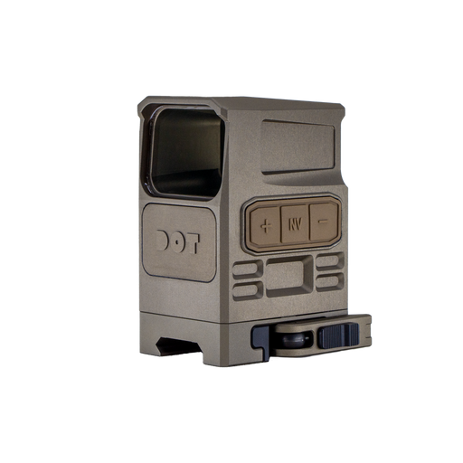 A front-left angle view of the dot ehs-1 holographic sight, showcasing its flat dark earth tan finish, objective lens, and integrated high mount.