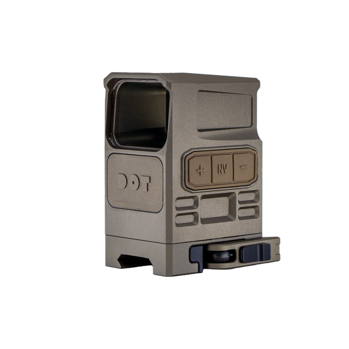 A front-left angle view of the dot ehs-1 holographic sight, showcasing its flat dark earth tan finish, objective lens, and integrated high mount.