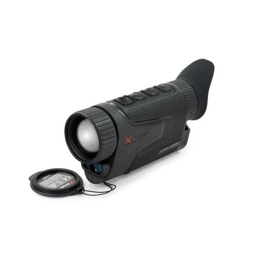 A front-left angled view of the Nocpix LUMI H35R thermal monocular, showing the device ready for use with its objective lens cap flipped open.