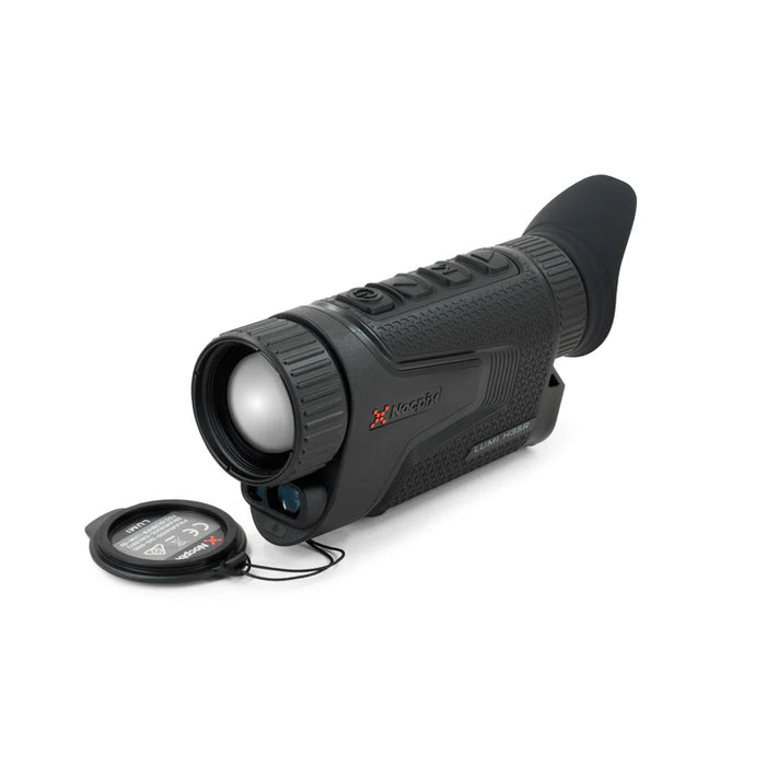 A front-left angled view of the Nocpix LUMI H35R thermal monocular, showing the device ready for use with its objective lens cap flipped open.