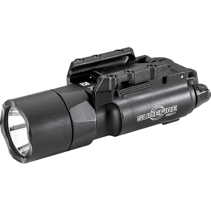 A sharp front-right angled view of the black SureFire X300T-A, highlighting the accessible battery door latches and the Rail-Lock mounting system.