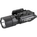 A sharp front-right angled view of the black SureFire X300T-A, highlighting the accessible battery door latches and the Rail-Lock mounting system.