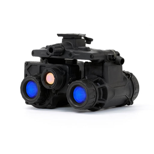 Front-right isometric view of the binocular night vision device, highlighting the dual objective lenses, central optical module, and articulating bridge assembly above the housings.