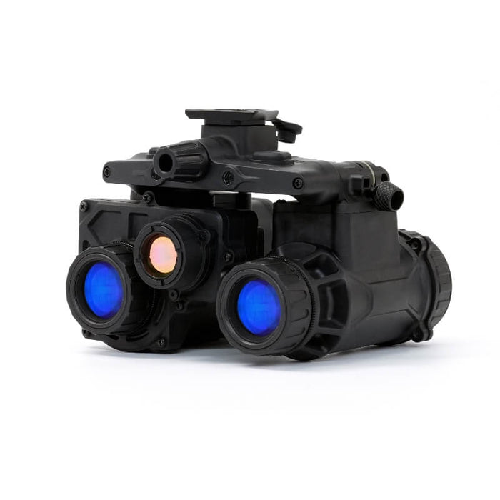 Front-right isometric view of the binocular night vision device, highlighting the dual objective lenses, central optical module, and articulating bridge assembly above the housings.