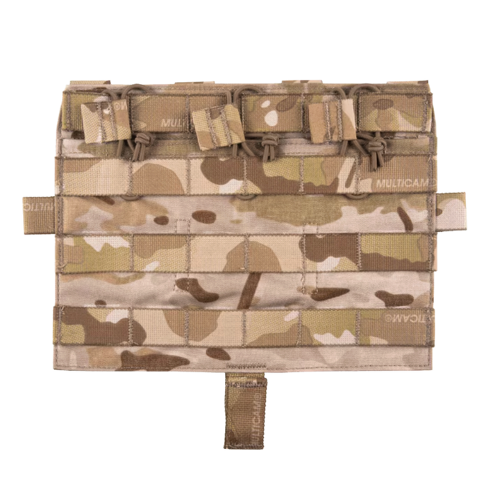 A front-facing view of the Crye Precision AVS detachable flap M4 flat multicam, showcasing the classic camouflage pattern in Arid and the clean, low-profile layout of the three magazine pockets.