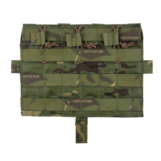 A front-facing view of the Crye Precision AVS detachable flap M4 flat multicam, showcasing the classic camouflage pattern in tropic and the clean, low-profile layout of the three magazine pockets.
