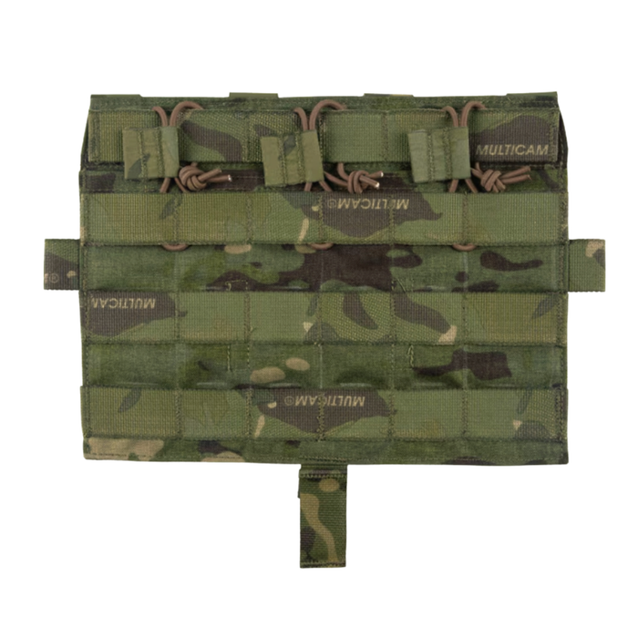 A front-facing view of the Crye Precision AVS detachable flap M4 flat multicam, showcasing the classic camouflage pattern in tropic and the clean, low-profile layout of the three magazine pockets.