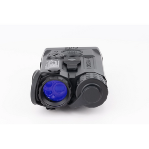A direct front view of the black Holosun IRIS 3, displaying the forward-facing emitters of this advanced tactical laser illuminator, along with a partial view of the top-mounted slider and configuration controls.