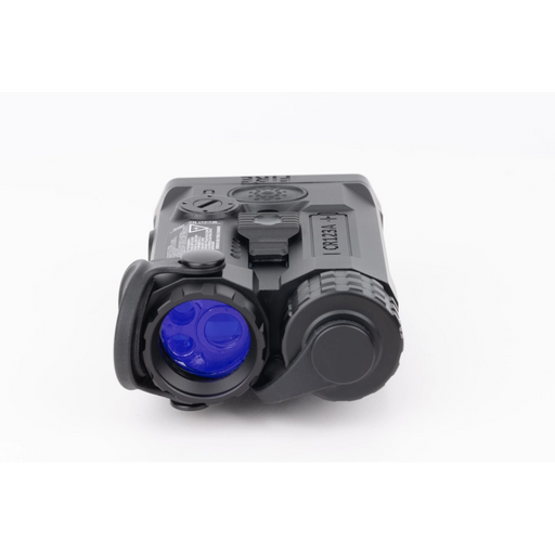 A direct front view of the black Holosun IRIS 3, displaying the forward-facing emitters of this advanced tactical laser illuminator, along with a partial view of the top-mounted slider and configuration controls.