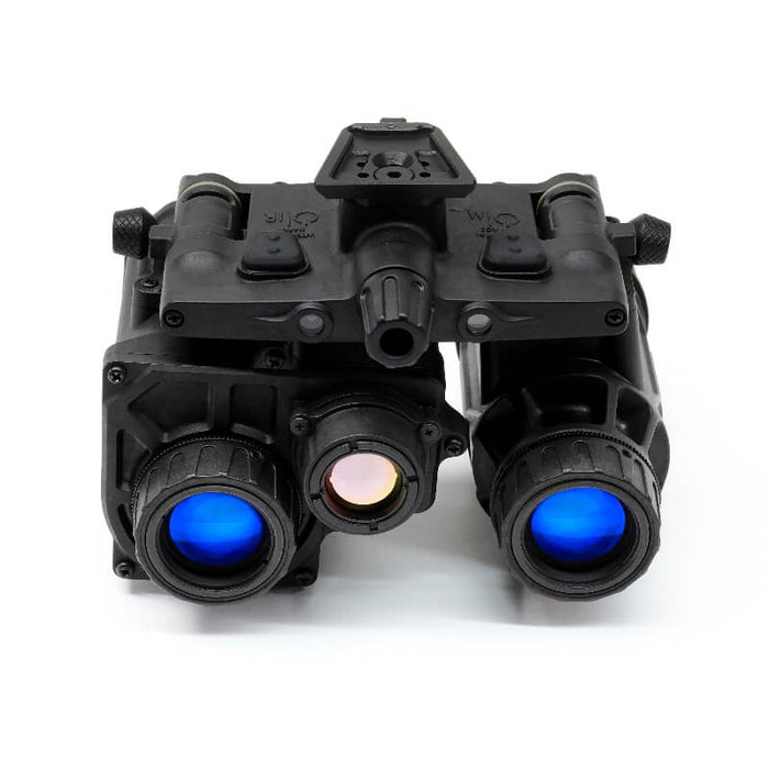 Front view of the binocular night vision device, showing the dual objective lenses with blue coatings and the centrally mounted optical module positioned between them.