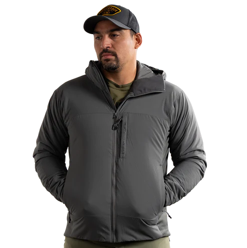 Front view of the Eberlestock Alturas Hooded Jacket in Gunmetal.