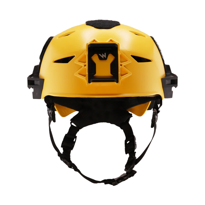 Front view of the yellow Team Wendy EXFIL Maritime RESCUER Bump Helmet System, featuring the integrated aluminum shroud in the foreground