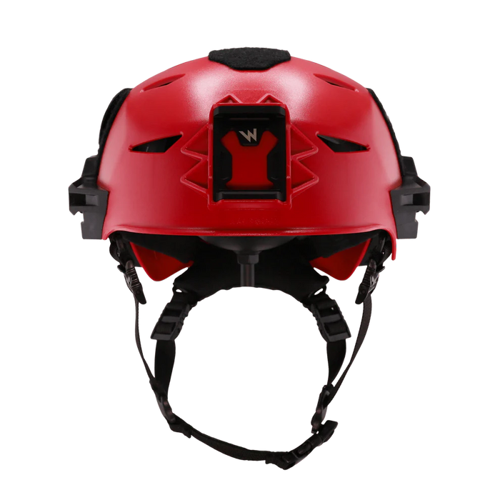 Front view of the red Team Wendy EXFIL Rescuer helmet with the shroud in the foreground