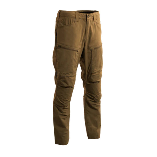 A frontal angled shot of the Coyote Brown Eberlestock Deadwood Pants, revealing the reinforced knees and accessible cargo pockets designed for rugged terrain.