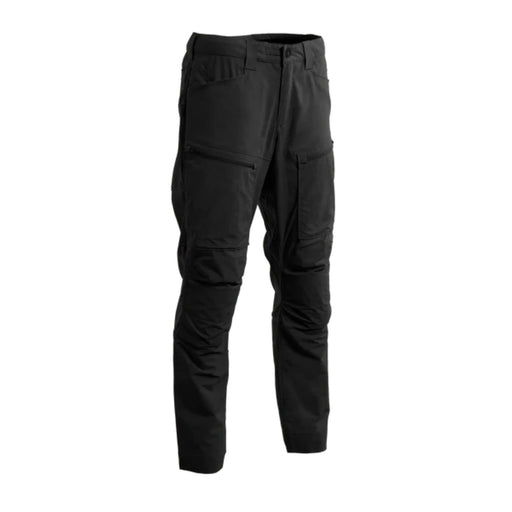 A frontal angled view of the black Deadwood Trousers showing the reinforced knees and easy-access cargo pockets built for rugged environments.