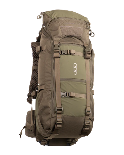 A frontal angled view of the Eberlestock Brute 3500 Hunting Pack in military green, showcasing the rugged ripstop fabric and the streamlined profile of this multi-day gear hauler.