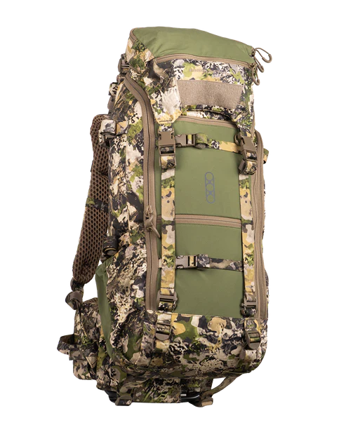 A frontal angled view of the Eberlestock Brute 3500 Hunting Pack in Mountain camo, highlighting the integrated load panel and the rugged 330D Ripstop Nylon construction.