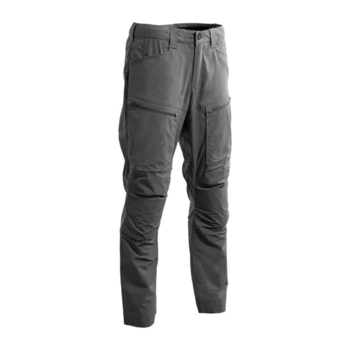 A frontal angled view of the Gunmetal Eberlestock Deadwood Soft Shell Pant, showcasing the reinforced knees and secure cargo storage designed for field use.