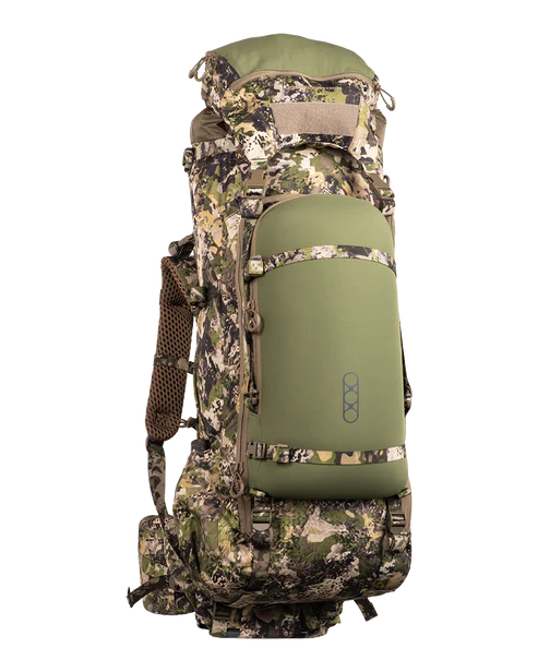 A frontal angled view of the Brute 6500 Hunting Pack in Mountain camo, highlighting the expandable 105L storage area and the heavy-duty compression straps used to stabilize large loads.