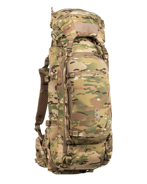 A frontal angled view of the Eberlestock Brute 6500 105L Expedition Hunting Pack in Multicam, showing the rugged 330D Ripstop fabric and the adjustable roll-top closure designed for massive backcountry loads.