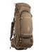A frontal angled view of the Eberlestock Brute 6500 105L Hunting Pack in Dry Earth, displaying the rugged ripstop exterior and the integrated roll-top expansion sleeve for carrying oversized backcountry gear.