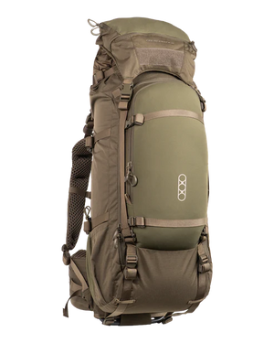 A frontal angled view shows the Eberlestock Brute 6500 Hunting Pack in Military Green, featuring its expandable roll-top and the contoured harness system designed for heavy hauling.