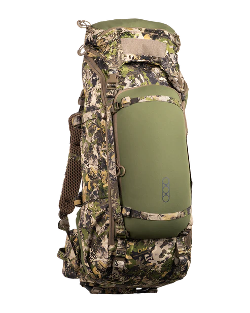 A frontal angled view of the Brute 4500 Hunting Pack in Mountain camo, showcasing the wide main pocket and the integrated internal frame designed to stabilize 100-pound loads during 3-day hunts.