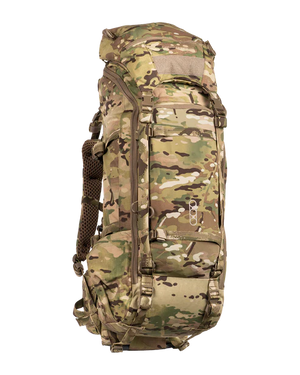 A frontal angled view of the Eberlestock Brute 4500 75L Extended Trip Hunting Pack in Multicam, highlighting the expansive 4,500 cubic inch storage capacity and the ruggedized laser-cut attachment points for mounting additional gear.