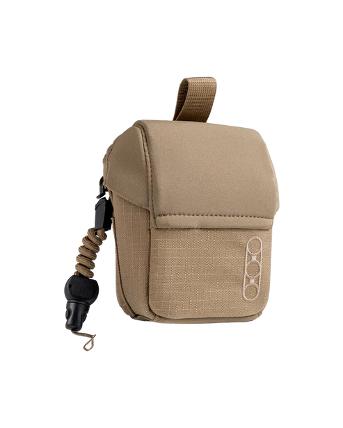 Frontal angled view of the Eberlestock Mag-Free Rangefinder Pouch in Coyote Brown.