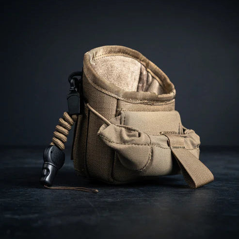 Frontal angled view of the Mag-Free Rangefinder Pouch in Coyote Brown with the lid open.