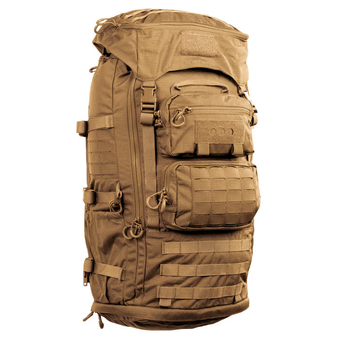 A frontal, angled view of the Mission Ruck Backpack in the coyote brown colorway, highlighting the durable front access panel and tactical webbing.