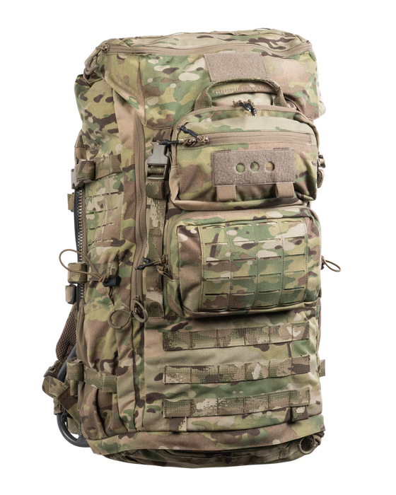A front and slightly angled view of the Eberlestock Mission Ruck Pack in a MultiCam camouflage pattern, showcasing the exterior front-access zipper and modular webbing.