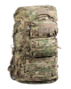 A front and slightly angled view of the Eberlestock Mission Ruck Pack in a MultiCam camouflage pattern, showcasing the exterior front-access zipper and modular webbing.