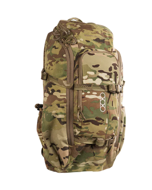 A frontal right-angled view of the Eberlestock Brute Scout 30L Hunting Pack in Multicam camouflage, highlighting the low-profile 1,800 cubic inch main compartment and the adjustable air-mesh harness designed to distribute weight evenly for high-speed mountain scouting.