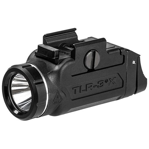 A close-up, frontal right-angled view of the Streamlight TLR-3 X Weaponlight, showing the durable polymer housing and the focused LED lens design.