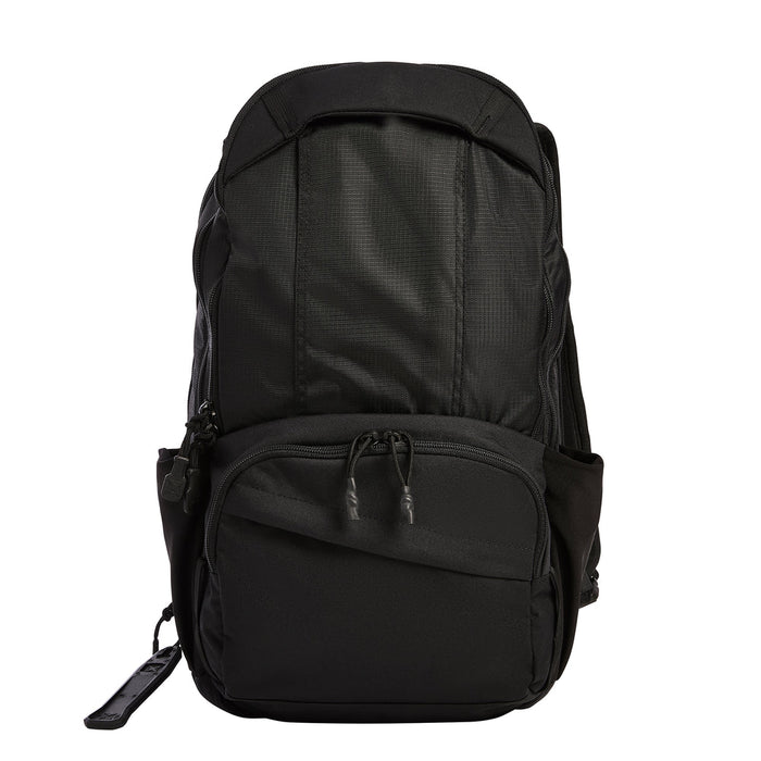 A clean frontal shot of the black Ready Pack, emphasizing its low-profile "gray man" exterior that hides its tactical functionality for a professional look.