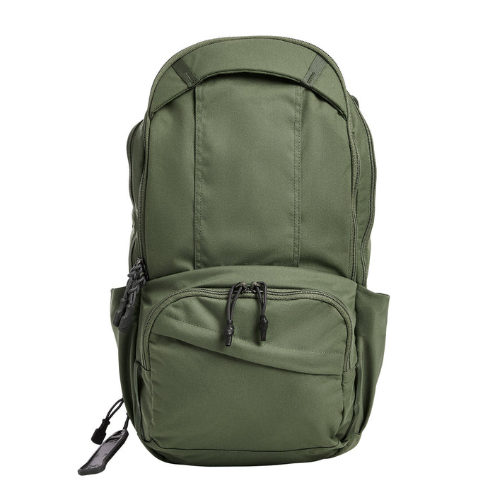 A clean frontal view of the evergreen ready pack x backpack, showcasing its sleek, low-profile exterior that blends seamlessly into urban environments while hiding its tactical capabilities.