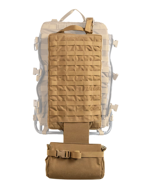 Frontal shot of the Eberlestock Mission ARC in coyote brown, with its MOLLE panel in the foreground.