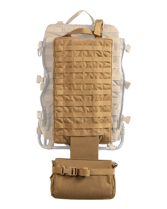 Frontal shot of the Eberlestock Mission ARC in coyote brown, with its MOLLE panel in the foreground.