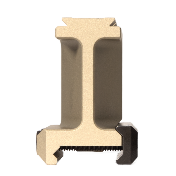A direct frontal view of the flat dark earth Delta ACRO Mount, highlighting its sturdy rail clamping mechanism and elevated structural design.