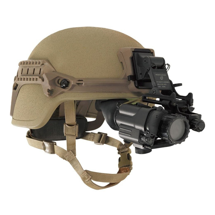 galvion viper front mount tan mounted to helmet with nvg