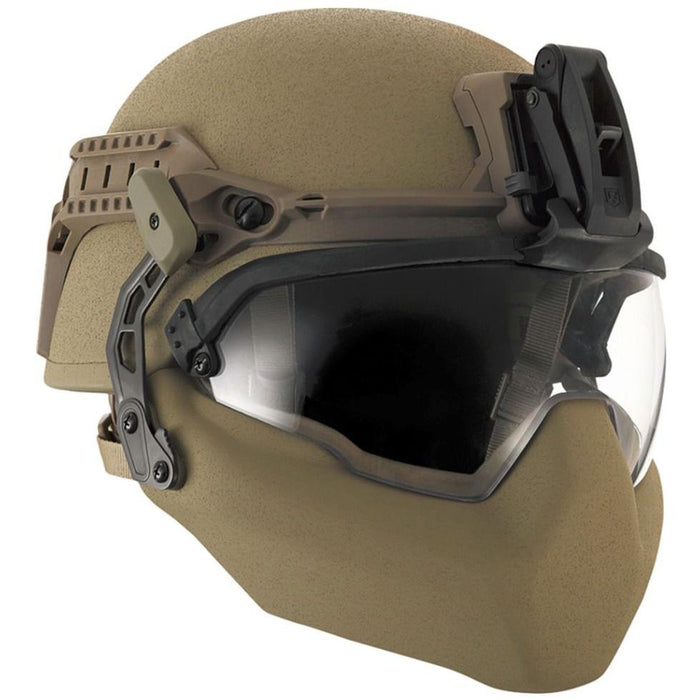 galvion viper front mount tan mounted to helmet with visor and mandible guard